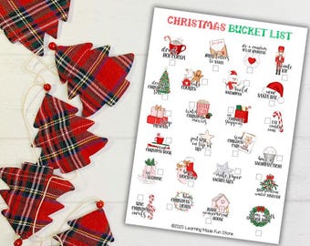 May include: A Christmas-themed image featuring red and green plaid tree ornaments and a "Christmas Bucket List" checklist. The checklist includes festive activities like drinking hot cocoa, baking cookies, and building a snowman.