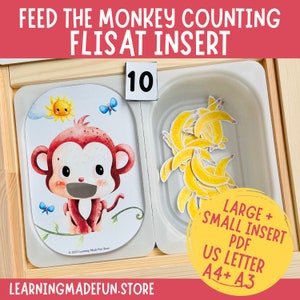 May include: A printable activity for kids featuring a monkey and bananas. The activity is designed to be used with a FLISAT insert, a popular toy storage system. The printable includes a number 10 card and a monkey image with a space for bananas to be inserted. The text "FEED THE MONKEY COUNTING FLISAT INSERT" is at the top of the image. The text "LARGE + SMALL INSERT PDF US LETTER A4+ A3" is at the bottom of the image.