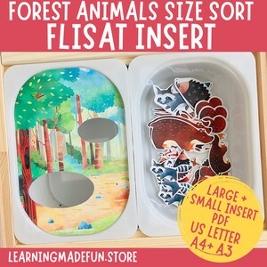 May include: A white plastic tray with a forest scene insert and a separate tray filled with colorful animal cutouts. The text "FOREST ANIMALS SIZE SORT FLISAT INSERT LARGE + SMALL INSERT PDF US LETTER A4+ A3 LEARNINGMADEFUN.STORE" is printed on the bottom of the image.