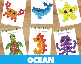 Ocean Pom Pom Task Cards Printable | Preschool & Kindergarten Fine Motor Activities | Ocean Theme Homeschool Learning | Pom Pom Mats PDF