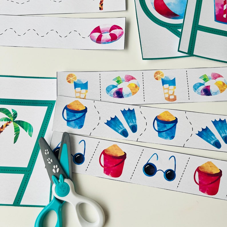 May include: A set of printable summer-themed activity cards for kids. The cards feature images of a palm tree, a bucket and spade, a pair of flippers, sunglasses, a drink with a slice of lemon, and a colorful inflatable ring. The cards are designed to be cut out and used for a variety of activities, such as matching, sorting, and sequencing.
