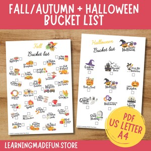 Könnte beinhalten: Eine druckbare Checkliste für Herbst- und Halloween-Aktivitäten. Die Checkliste ist in zwei Abschnitte unterteilt: Herbst und Halloween. Jeder Abschnitt enthält eine Liste von Aktivitäten mit Illustrationen von Kürbissen, Blättern und anderen Herbst- und Halloween-Motiven. Die Checkliste ist im Format US Letter oder A4.