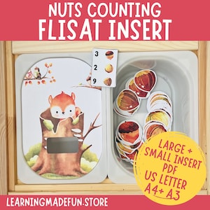 Pode incluir: Um brinquedo de aprendizagem de madeira com uma ilustração de esquilo e uma bandeja de nozes de feltro coloridas. O brinquedo é etiquetado como "Nuts Counting Flisat Insert" e inclui os números 2, 3 e 9. O brinquedo foi projetado para ajudar as crianças a aprender a contar e classificar.