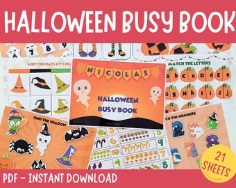 Puede incluir: Un libro de actividades de Halloween con 21 páginas imprimibles. Las páginas presentan actividades como hacer coincidir letras, números y sombras, así como ordenar sombreros por color. El libro está diseñado para niños e incluye una linda ilustración de un fantasma.