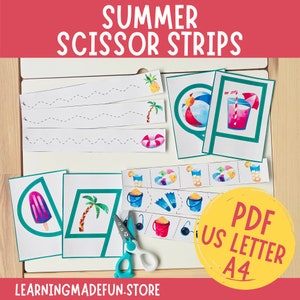 May include: Printable summer-themed scissor skills activity for kids. The PDF includes various images like ice cream, palm trees, beach balls, and more. The text "PDF US Letter A4" is visible in the image.