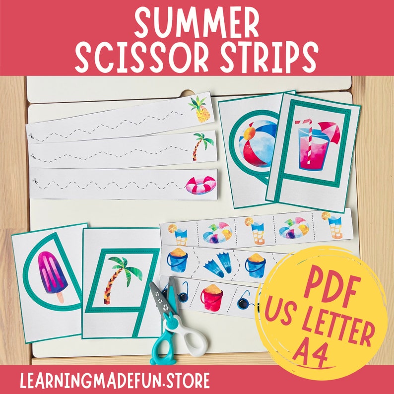 May include: Printable summer-themed scissor skills activity for kids. The PDF includes various images like ice cream, palm trees, beach balls, and more. The text "PDF US Letter A4" is visible in the image.