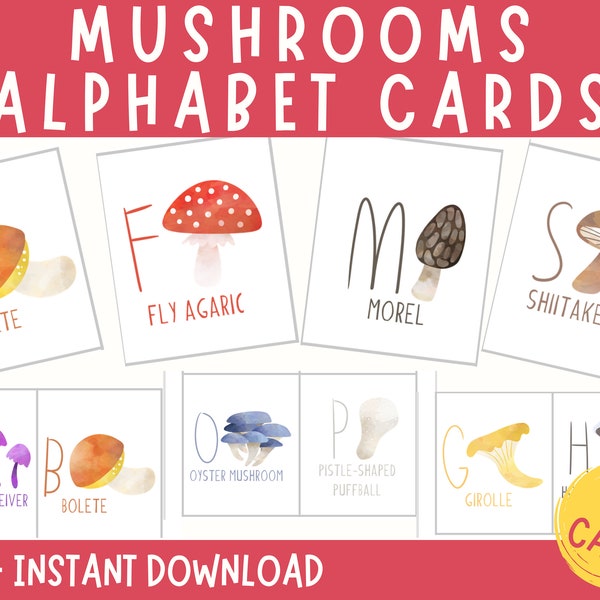 Mushrooms Alphabet Cards, ABC flashcards, Alphabet printable, Flashcards printable, Homeschool printable, Learning activity, ABC Cards