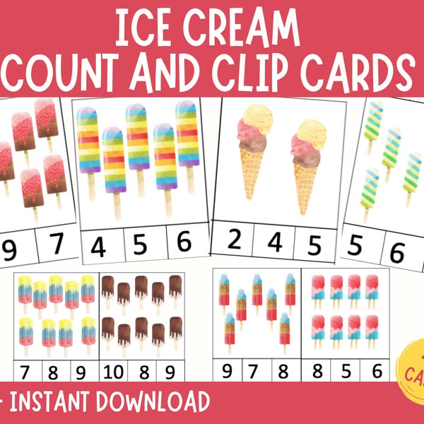 Ice Cream Count Clip Cards, Numbers 1-10 Count Activity, Montessori Learning, Preschool Math Center, Counting Activity Cards, Learn to count