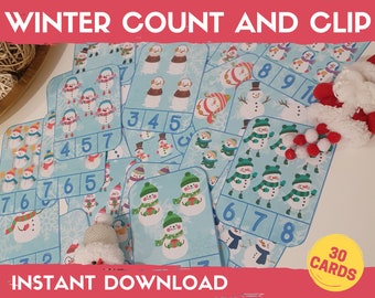 Winter Count Clip Cards, Numbers 1-10 Count and Clip Activity, Homeschool Learning, Preschool Printable, Count Card, Numbers Flashcard