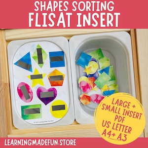 May include: A printable shape sorting activity for kids. The printable includes a set of colorful shapes with watercolor designs and a matching set of shapes with cut-out spaces. The printable is labeled "Large + Small Insert PDF US Letter A4 + A3".