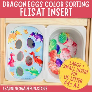 May include: A printable dragon egg color sorting activity for a FLISAT insert. The printable includes a tray with six holes and a separate tray for sorting the eggs. The printable is available in US Letter, A4, and A3 sizes.