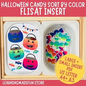 May include: Halloween-themed printable activity for kids.  The image shows a wooden tray with two compartments. One compartment has four colorful pumpkin-shaped buckets with candy inside. The other compartment has a pile of colorful candy. The text on the image reads "Halloween Candy Sort by Color Flisat Insert Large + Small Insert PDF US Letter A4+ A3 LearningMadeFun.Store".