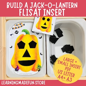 Puede incluir: Una actividad de Halloween imprimible para niños. La imagen muestra una calabaza de Halloween con un contorno negro y un fondo blanco. El texto "BUILD A JACK-O-LANTERN FLISAT INSERT" está en la parte superior de la imagen. El texto "LARGE + SMALL INSERT PDF US LETTER A4+ A3" está en la parte inferior de la imagen.