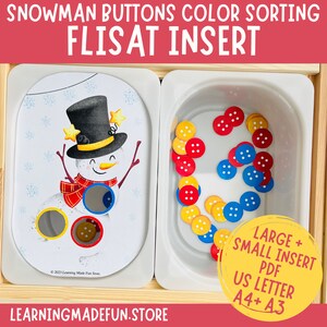 May include: A wooden toy with a snowman image and a separate container filled with red, yellow, and blue buttons. The toy is labeled "Snowman Buttons Color Sorting Flisat Insert Large + Small Insert PDF US Letter A4+ A3 LearningMadeFun.Store".