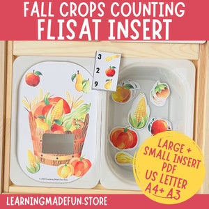 May include: A printable fall crops counting activity for a FLISAT insert. The image shows a basket filled with pumpkins, corn, apples, and pears. There are also individual images of these crops to be counted and placed in the basket.
