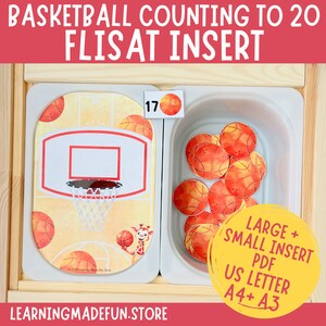 May include: A wooden toy with a basketball theme. The toy has a basketball hoop with a net and a basket with 17 basketballs. The toy is labeled "Basketball Counting to 20 Flisat Insert" and "Large + Small Insert PDF US Letter A4+ A3".