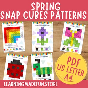 Tapis à motifs cubes printaniers, Cartes à tâches pour créer des liens, École maternelle, Jeu pour la maternelle, Centres de mathématiques, Motricité fine, Imprimable à compter