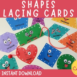 Shapes Printable Lacing Cards, Toddler Fine Motor Skill Activity, Montessori Tying Toy, Shapes Learning Activity, Preschool Centers