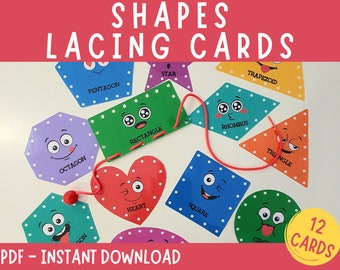 Shapes Printable Lacing Cards, Toddler Fine Motor Skill Activity, Montessori Tying Toy, Shapes Learning Activity, Preschool Centers