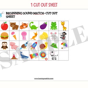 Op de afbeelding: Een printbaar werkblad met 16 kleurrijke cartoonafbeeldingen om uit te knippen en te gebruiken voor een beginklank-matchingactiviteit. Het werkblad heeft de titel "Beginning Sound Match - Cut Out Sheet".