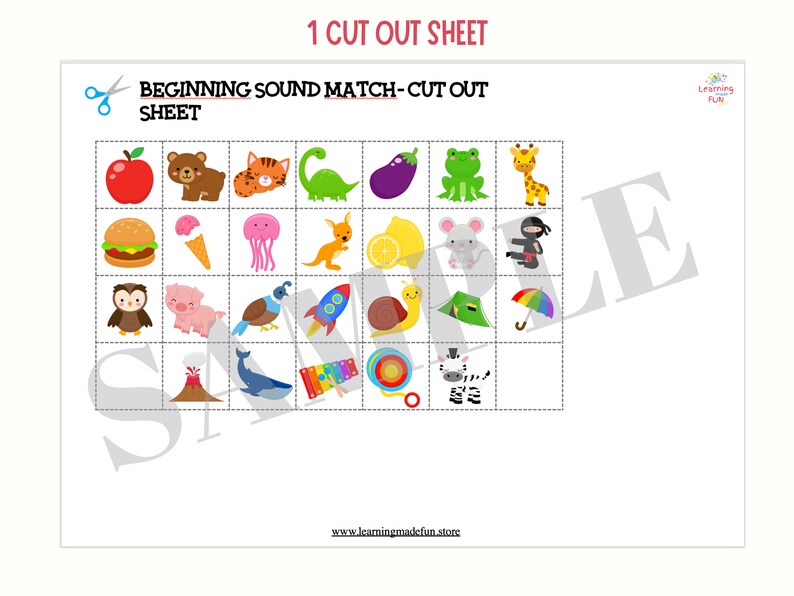 Op de afbeelding: Een printbaar werkblad met 16 kleurrijke cartoonafbeeldingen om uit te knippen en te gebruiken voor een beginklank-matchingactiviteit. Het werkblad heeft de titel "Beginning Sound Match - Cut Out Sheet".