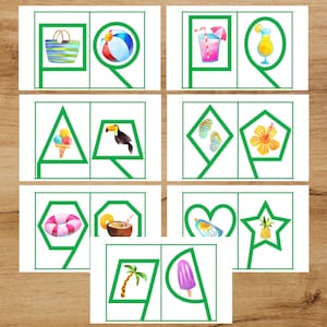 May include: A set of 10 printable summer-themed flashcards with green outlines and colorful illustrations. The illustrations include a beach bag, a beach ball, a tropical drink, a toucan, flip flops, a hibiscus flower, a pool float, a coconut, a surfboard, a palm tree, and an ice pop.