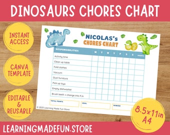 EDITABLE Dinosaurs Reward Chart, Boy Behavior Chart, Responsibilities Chart, Daily Weekly Routine Chore Chart for kids, Printable Template