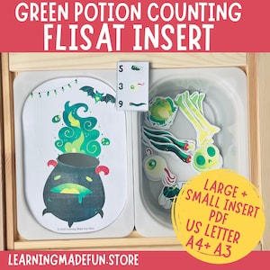 May include: Green potion counting activity for a FLISAT insert. The activity includes a cauldron with green smoke, a bat, and a set of number cards. The insert also includes a variety of green potion ingredients, such as eyeballs, bones, and frogs. The activity is designed for children to learn counting and sorting skills.