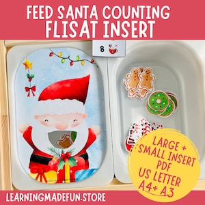 May include: A printable Christmas-themed counting activity for children. The image shows a Santa Claus illustration with a cutout mouth, a number card with the number 8, and a tray with gingerbread men and donuts. The text on the image reads "Feed Santa Counting Flisat Insert, Large + Small Insert PDF, US Letter A4+ A3".