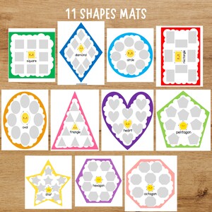 May include: Eleven colorful printable shape mats with a simple cartoon face in the center of each shape. The shapes include a square, diamond, circle, rectangle, oval, triangle, heart, pentagon, star, hexagon, and octagon.