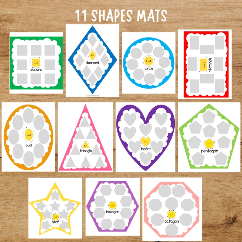 May include: Eleven colorful printable shape mats with a simple cartoon face in the center of each shape. The shapes include a square, diamond, circle, rectangle, oval, triangle, heart, pentagon, star, hexagon, and octagon.