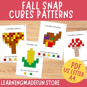 Tapis Fall Snap Cubes, Cartes de tâches Connecting Cubes, École maternelle, Jeu de maternelle, Centres mathématiques, Motricité fine, Comptage imprimable, Automne