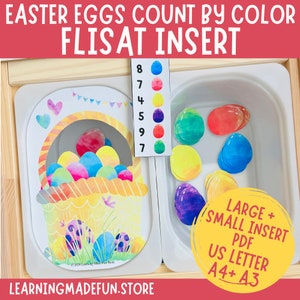 Puede incluir: Actividad de conteo de huevos de Pascua para niños. Una cesta imprimible con huevos de colores y una bandeja separada con huevos sueltos. Los huevos están codificados por colores y numerados para practicar el conteo. La actividad está diseñada para usarse con un inserto FLISAT.