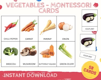 May include: A set of 58 Montessori flash cards featuring colorful illustrations of various vegetables, including broccoli, carrots, onions, and eggplant. The cards are labeled with the name of each vegetable in black text.