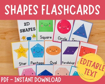 May include: Printable flashcards featuring 2D shapes with cute faces. The shapes include a square, circle, triangle, star, pentagon, oval, parallelogram, hexagon, and rectangle. The text "2D Shapes", "Square", "Circle", "Triangle", "Star", "Pentagon", "Oval", "Parallelogram", and "Editable Text" is visible on the flashcards.
