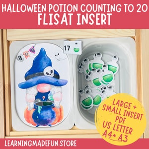 May include: A Halloween-themed counting activity for kids. A gnome with a cauldron and a number 17 card are on the left. On the right, there are 17 green potion bottles in a white tray. The text "LARGE + SMALL INSERT PDF US LETTER A4+ A3" is on the bottom right corner.