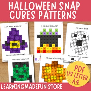 Tapis Halloween Snap Cubes, cartes de tâches Connecting Cubes, préscolaire, jeu de maternelle, centres de mathématiques, motricité fine, comptage imprimable