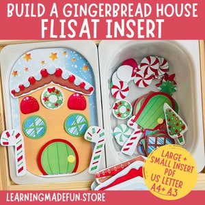 May include: A printable gingerbread house activity for a FLISAT insert. The printable includes a gingerbread house, candy canes, windows, a door, and a wreath. The printable is available in A4 and A3 sizes.