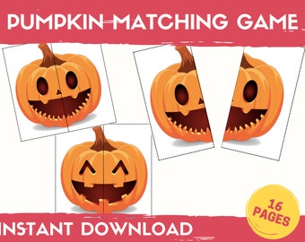May include: A printable Halloween pumpkin matching game with 16 pages. The game features orange pumpkins with different facial expressions.