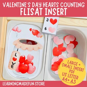 Puede incluir: Actividad de conteo con temática de San Valentín para niños pequeños y preescolares. La actividad incluye un frasco con corazones, una bandeja con corazones y tarjetas de números. El texto "LOVE" está en el frasco. El texto "LARGE + SMALL INSERT PDF US LETTER A4+ A3" está en la imagen.