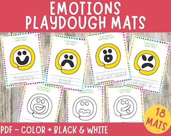 Könnte beinhalten: Set mit 18 druckbaren Knetmatten mit verschiedenen Emotionen. Jede Matte enthält eine einfache Umrandung eines Gesichts mit dem Text "Ich kann ein [Emotion] Gesicht machen". Die Emotionen umfassen glücklich, traurig, überrascht, wütend, aufgeregt, besorgt und albern.
