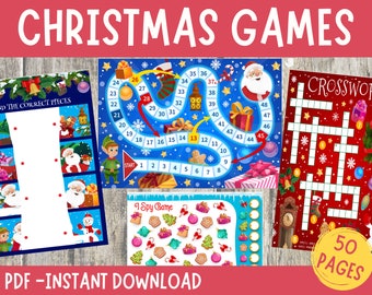 May include: A set of 50 printable Christmas games for kids. The games include a find the correct pieces game, a board game, a crossword puzzle, and an I Spy game. The games are all on white paper with colorful illustrations.
