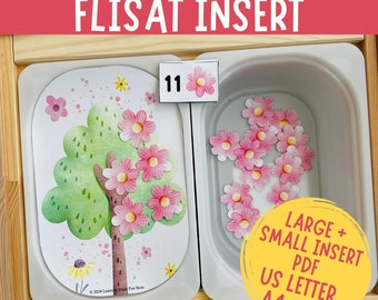 May include: A spring-themed counting activity for kids. A wooden tray with a green tree with pink flowers and a white container with pink flowers. The number 11 is written on a white card. The text "SPRING TREE COUNT TO 20 FLISAT INSERT LARGE + SMALL INSERT PDF US LETTER A4+ A3" is written on the image.