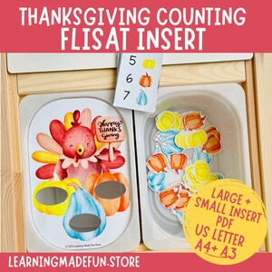 May include: A Thanksgiving-themed counting activity for children. The activity includes a turkey-shaped card with cut-out spaces for pumpkins and gourds, and a separate tray with various pumpkin and gourd shapes. The card also includes the text "Happy Thanks Giving".
