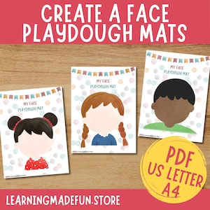May include: Three printable playdough mats featuring illustrated faces, each with a blank face for playdough features. The mats are labelled "My Face Playdough Mat" and decorated with colourful bunting and polka dots. The image also includes the text "Create a Face Playdough Mats".