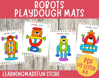 May include: Four printable playdough mats featuring robot outlines to color and create with playdough. Each mat has the text "I can make a robot" and is designed for US Letter or A4 paper.