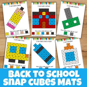 May include: Six educational cards with illustrations of objects including a pencil, school, scissors, bus, crayon, and glue. Each card has a grid of circles and the text "How many cubes did you use?" and "Back to School Snap Cubes Mats".