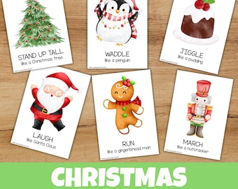 Tarjetas imprimibles de actividades navideñas de movimiento / Actividad de motricidad gruesa para vacaciones en preescolar y jardín de infancia, pausas activas, actividad para el rincón de la calma, para niños