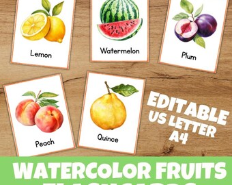 Printable Watercolor Fruits Flashcards for Kids | Toddler Preschool Kindergarten Learning | PDF + Editable Canva Template Montessori cards