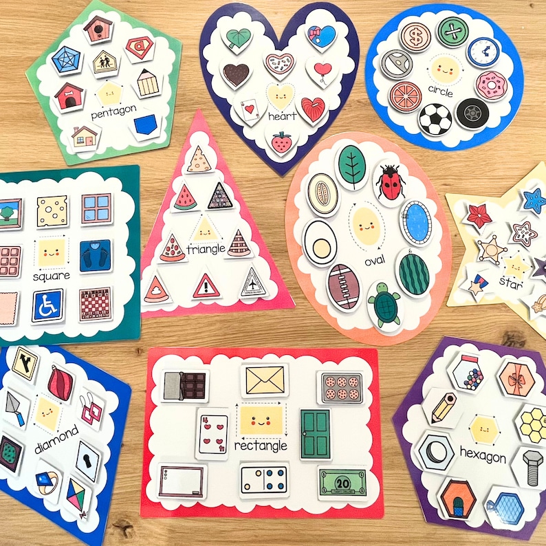 May include: A set of 10 colorful felt shapes with different geometric shapes and names. Each shape has a variety of smaller shapes and images inside. The shapes include a pentagon, heart, circle, square, triangle, oval, star, diamond, rectangle, and hexagon.